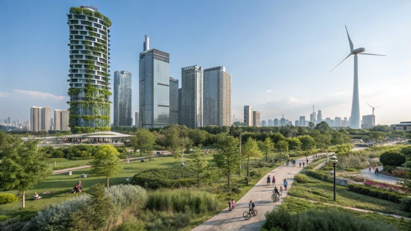 A modern sustainable city skyline with green architecture