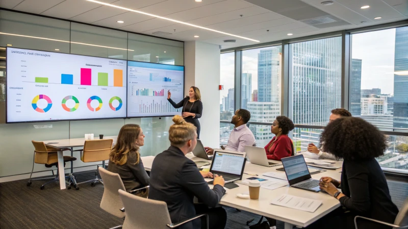 Diverse professionals in a conference room discussing strategies with charts on a screen.