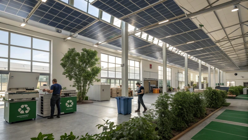 A modern manufacturing facility with solar panels and eco-friendly practices