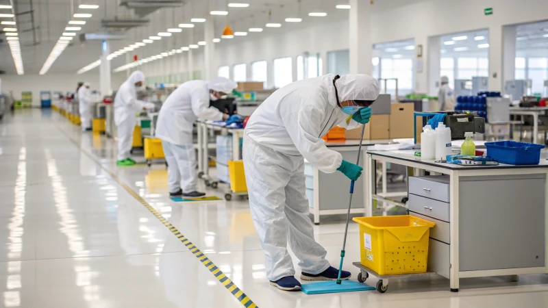 Employees cleaning workstations in a modern manufacturing facility