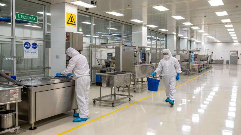 A spacious manufacturing facility with workers in protective gear