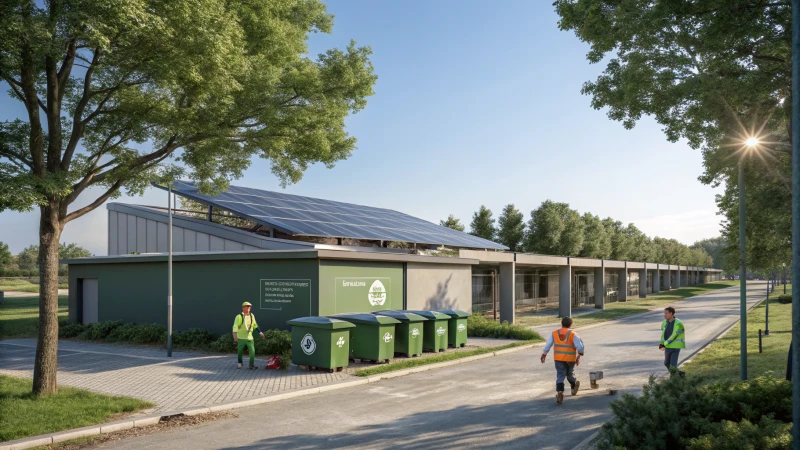 A modern factory surrounded by greenery with solar panels and recycling bins