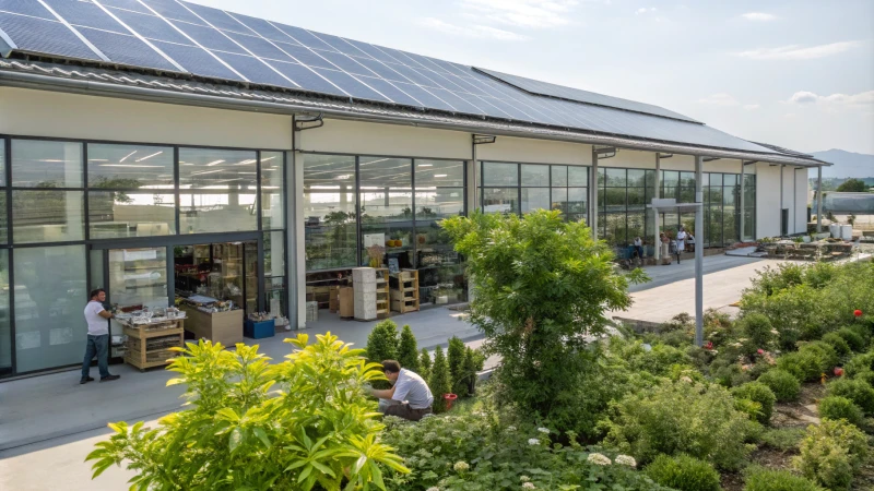 A modern manufacturing facility with solar panels and large windows surrounded by greenery.