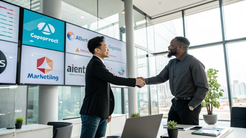 Two diverse business professionals shaking hands in an office