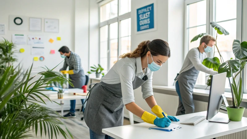 Employees cleaning in a modern office with safety gear