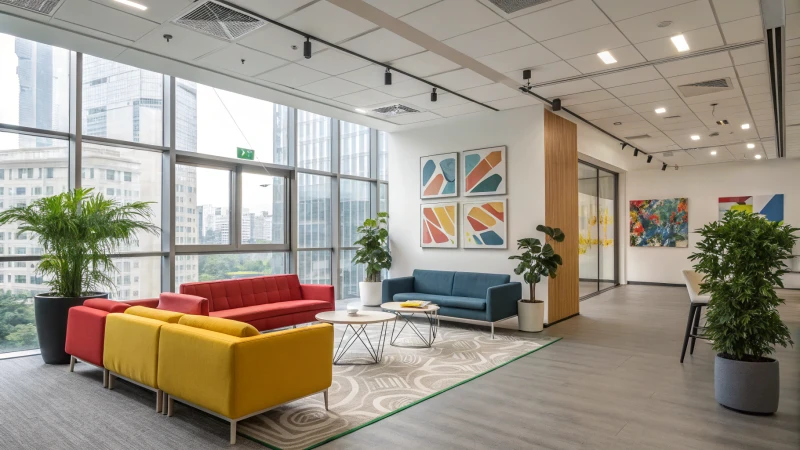 A modern office interior with colorful furniture and natural light