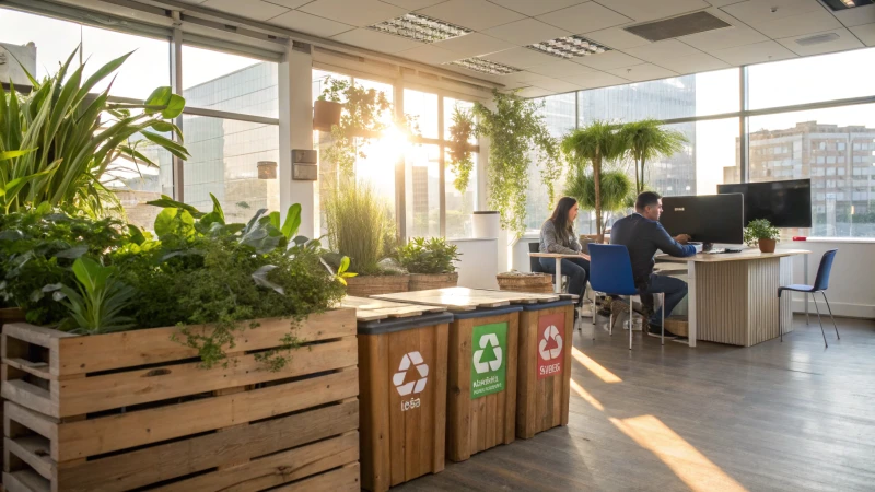 Bright modern office with plants and sustainable furniture