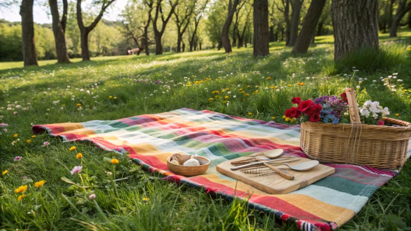 Elegant wooden cutlery on a colorful picnic blanket in a natural setting