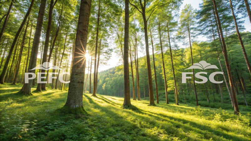 Logos of PEFC and FSC in a forest