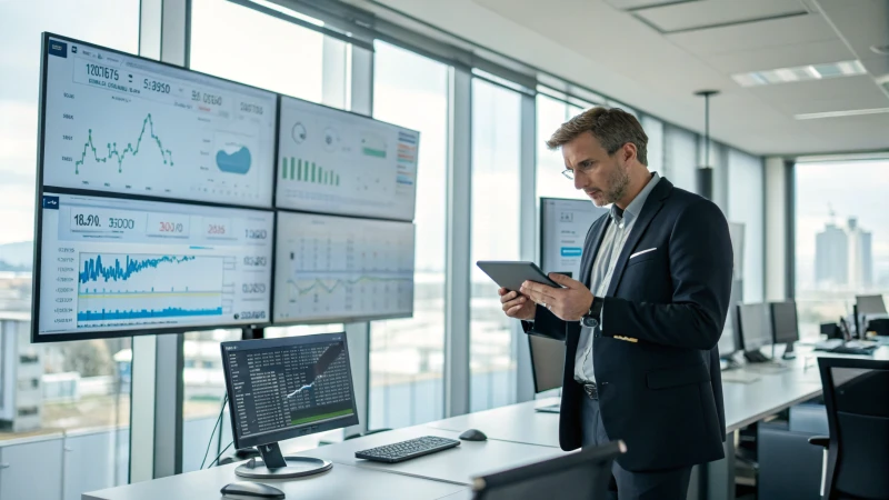 Logistics manager analyzing data on a tablet in a modern office.