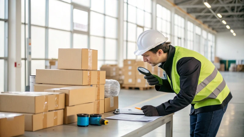 Quality assurance inspector examining imported goods in a warehouse
