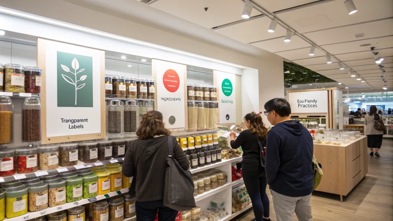 A retail shelf showcasing products with transparent labels