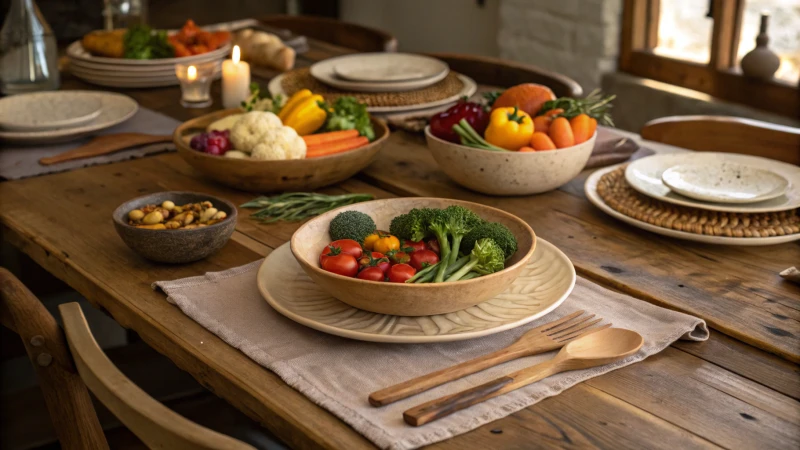 A rustic dining table set with wooden cutlery and ceramic plates