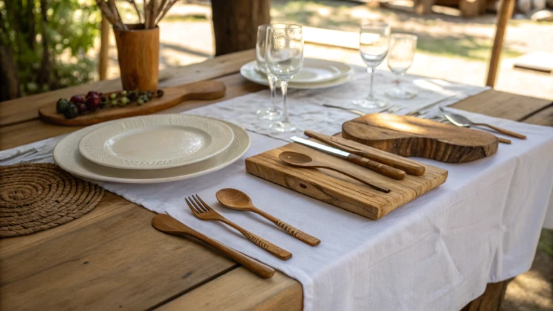 A rustic dining table elegantly set with wooden cutlery and a white tablecloth