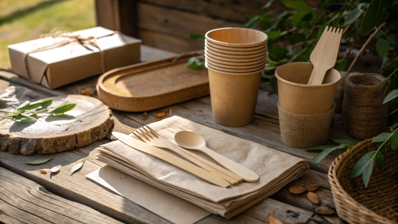 A rustic table setting with wooden cutlery and biodegradable packaging