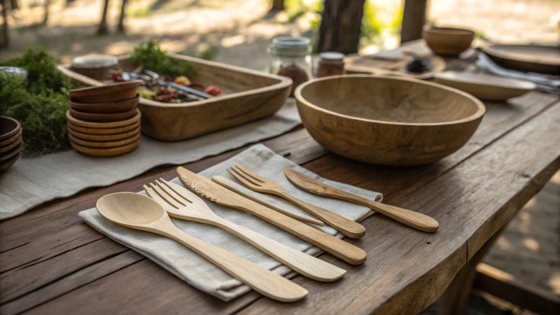 Rustic wooden cutlery arranged on a wooden table