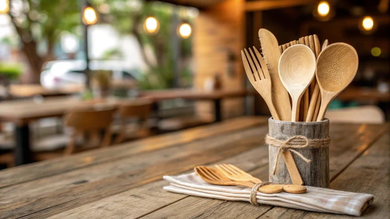 Assorted wooden cutlery on a rustic wooden table