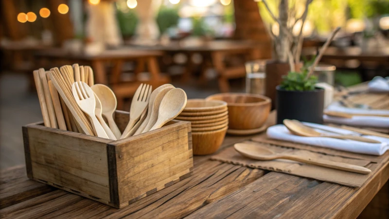 Eco-friendly wooden cutlery on a rustic table