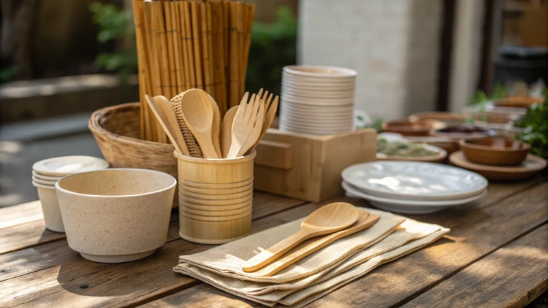 A rustic wooden table with biodegradable utensils including wooden, bamboo, and cornstarch-based cutlery.