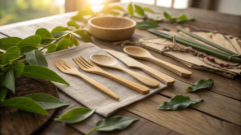 A rustic wooden table with wooden cutlery and green leaves