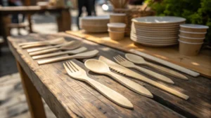 Disposable wooden cutlery on a rustic table