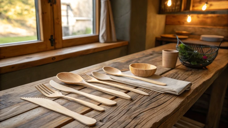 Rustic wooden table with polished wooden cutlery