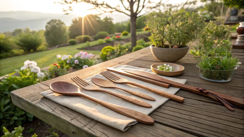 An assortment of wooden cutlery on a rustic table