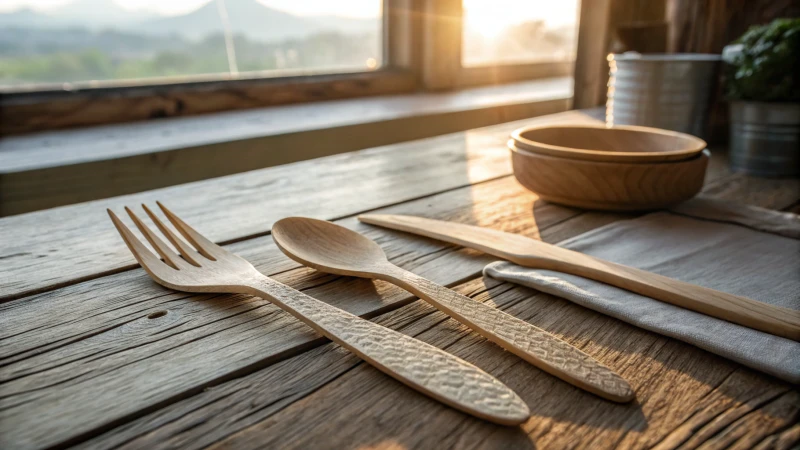 A comparison of wooden and plastic cutlery on a rustic wooden table.