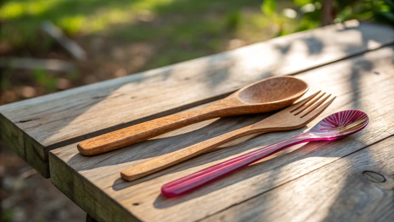 Comparison of wooden and plastic cutlery on a rustic table