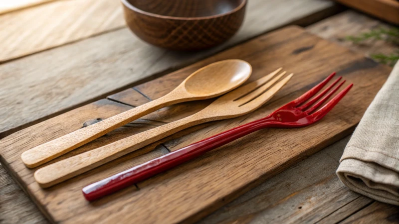 Comparison of wooden and plastic cutlery on a rustic table