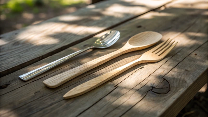 Side-by-side comparison of wooden and metal cutlery on a rustic table.