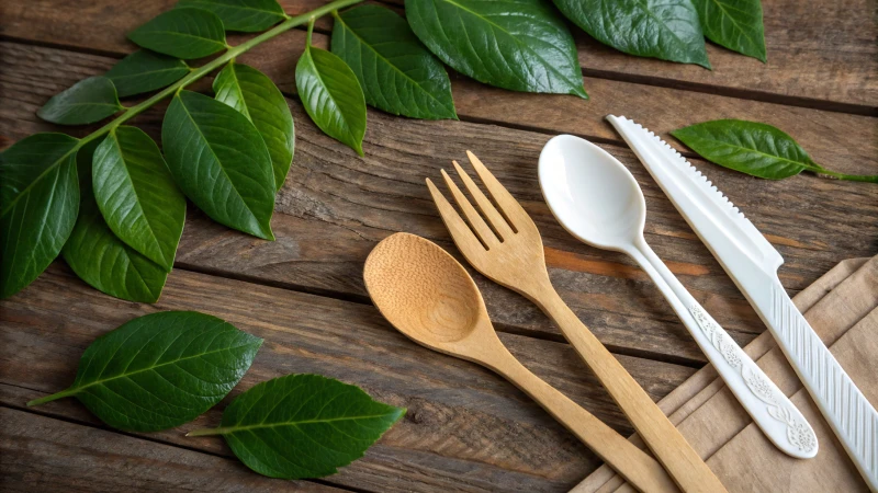 A rustic wooden table with wooden and plastic cutlery side by side.