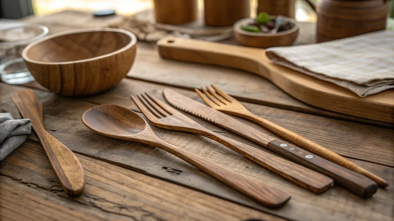 A rustic wooden table with polished wooden cutlery set