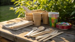 A rustic wooden table set outdoors with a variety of utensils.