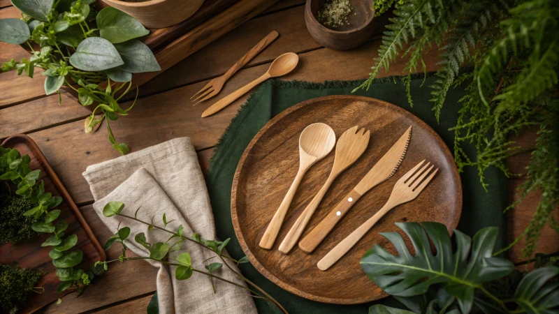 Rustic wooden table with elegant wooden cutlery and lush plants