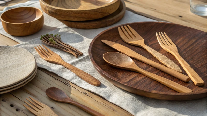 Rustic wooden table with natural cutlery