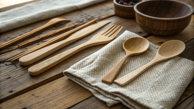 A rustic wooden table set with wooden cutlery and a folded cloth napkin