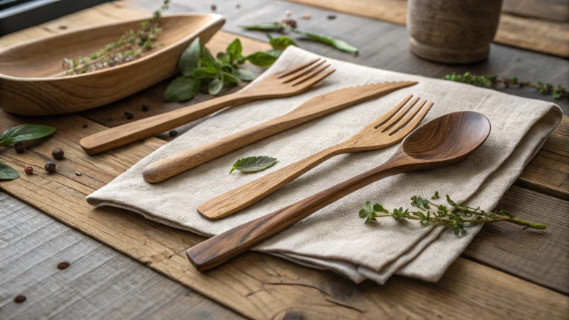 A rustic wooden table set with polished wooden cutlery and decorative herbs