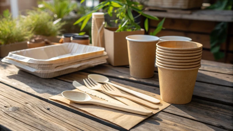 Rustic wooden table with disposable wooden cutlery