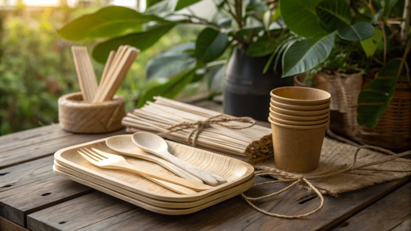 Rustic wooden table with disposable cutlery and green leaves