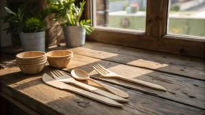 Rustic wooden table with assorted disposable wooden cutlery