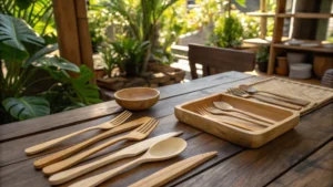 A rustic wooden table with polished wooden cutlery and green plants in the background.