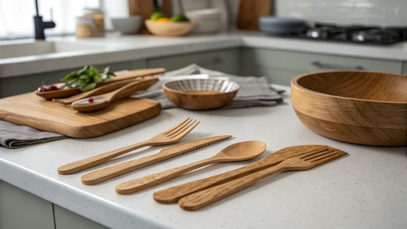 Sanitized wooden cutlery on a kitchen countertop