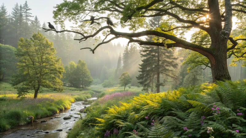 A tranquil forest scene with sunlight filtering through trees