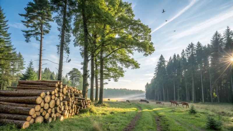 A serene forest scene with healthy trees and stacked logs