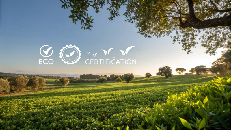 A serene landscape with a lush green field and eco-certification symbols