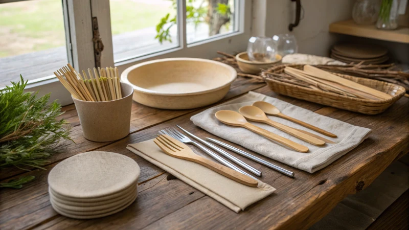 A display of eco-friendly cutlery and plates on a wooden table