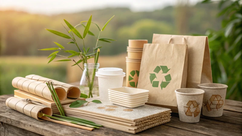 A collage of sustainable materials on a wooden surface