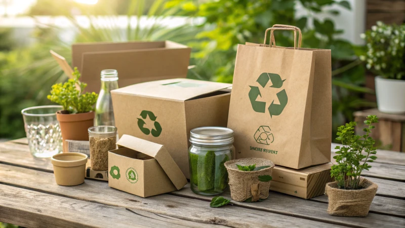 Various sustainable packaging designs displayed on a wooden table