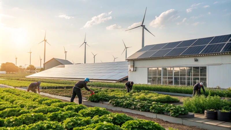 A modern sustainable production facility with solar panels and wind turbines